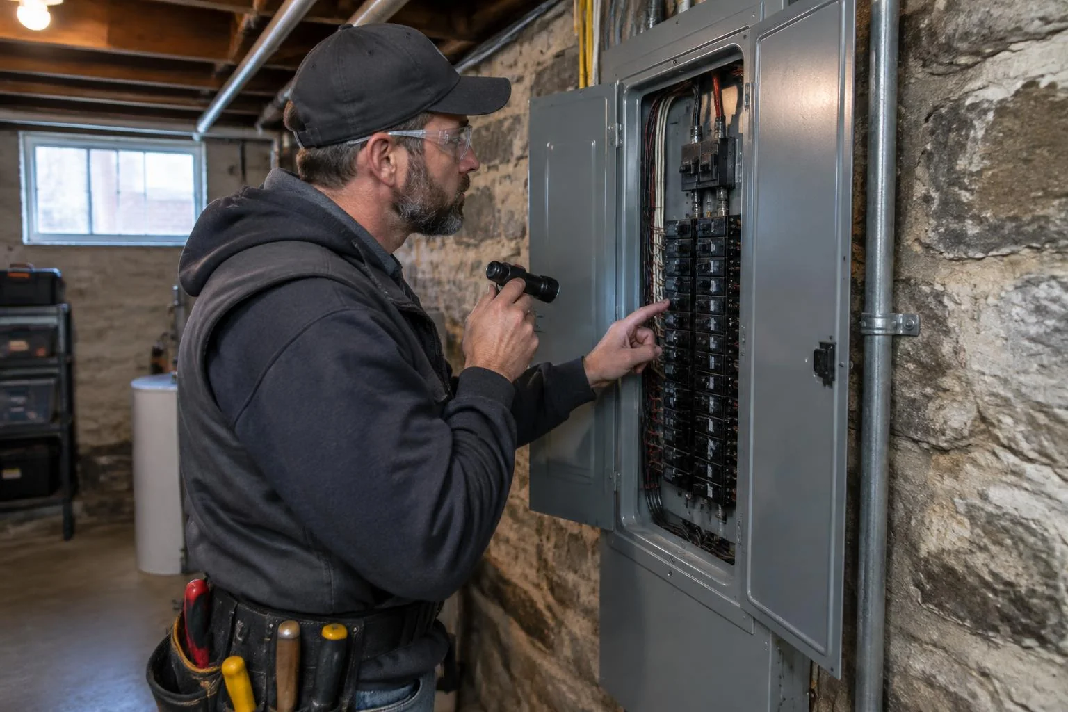 Home inspector examining an electrical panel in a Philadelphia-area house