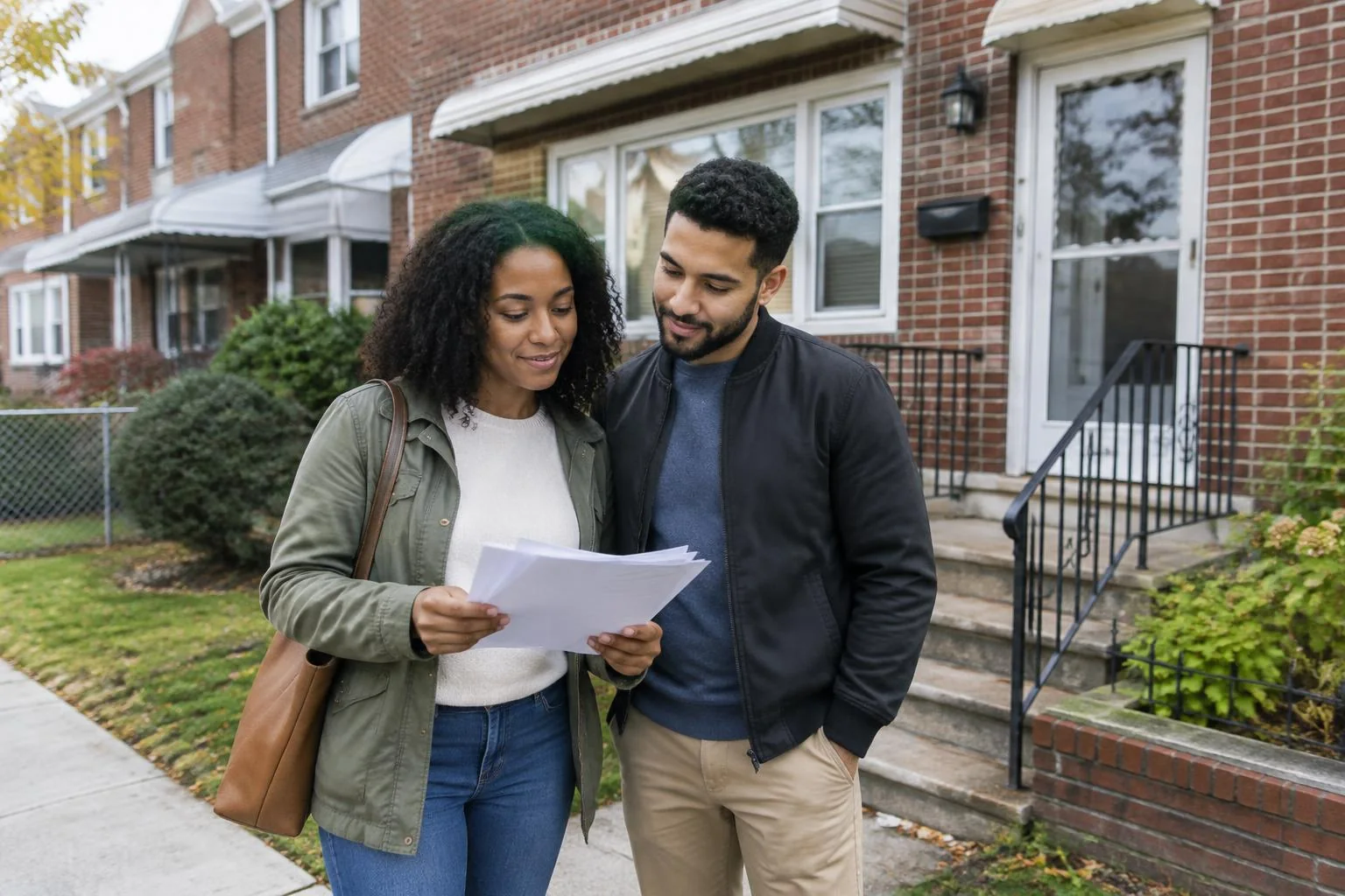 First-time home buyers reviewing property information outside a Philadelphia-area home