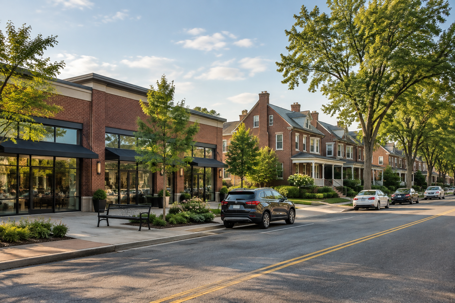 A redeveloped shopping plaza beside brick twin homes in Delaware County, Pennsylvania