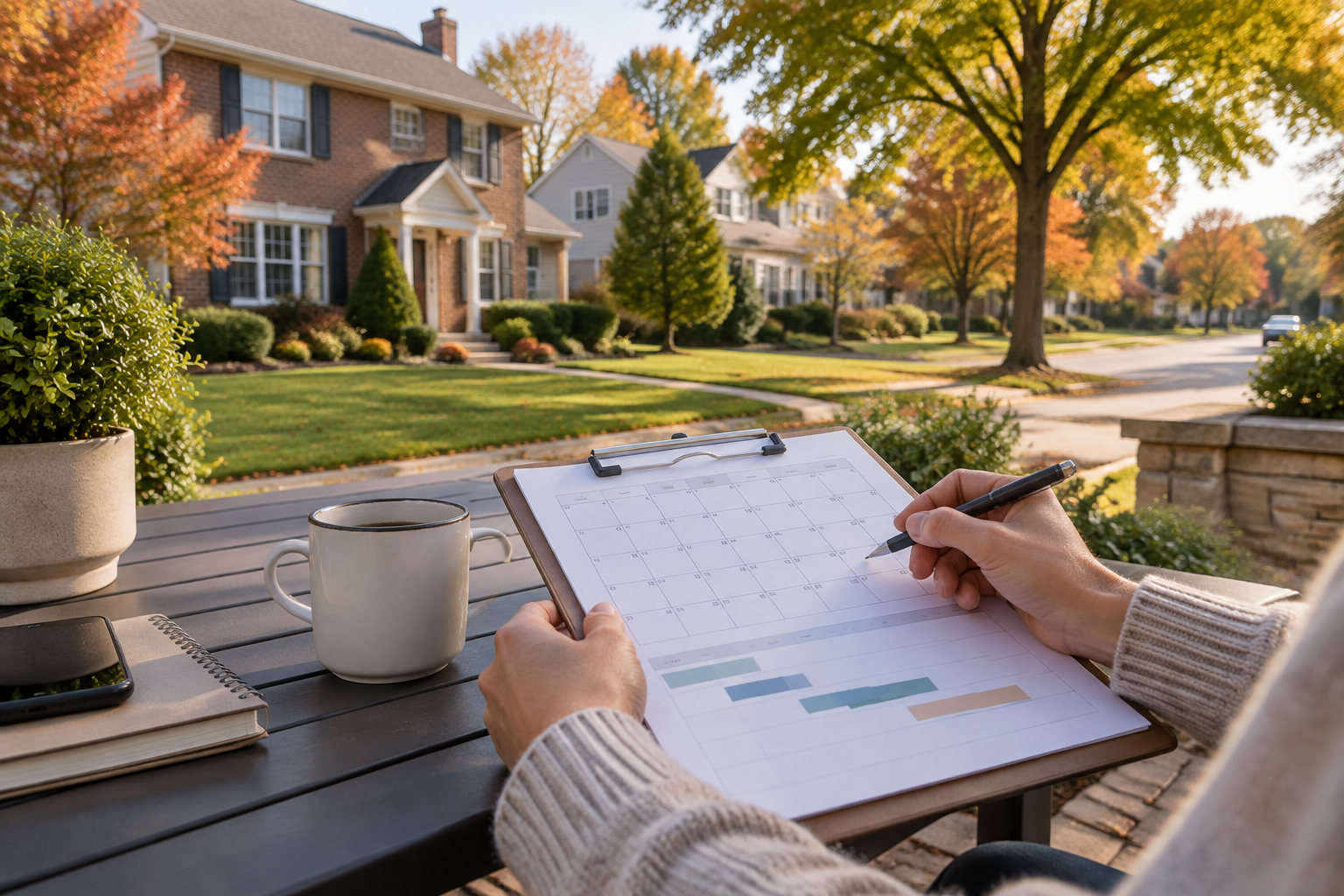 Buyer reviewing a home-buying calendar on a tree-lined Delaware County residential street