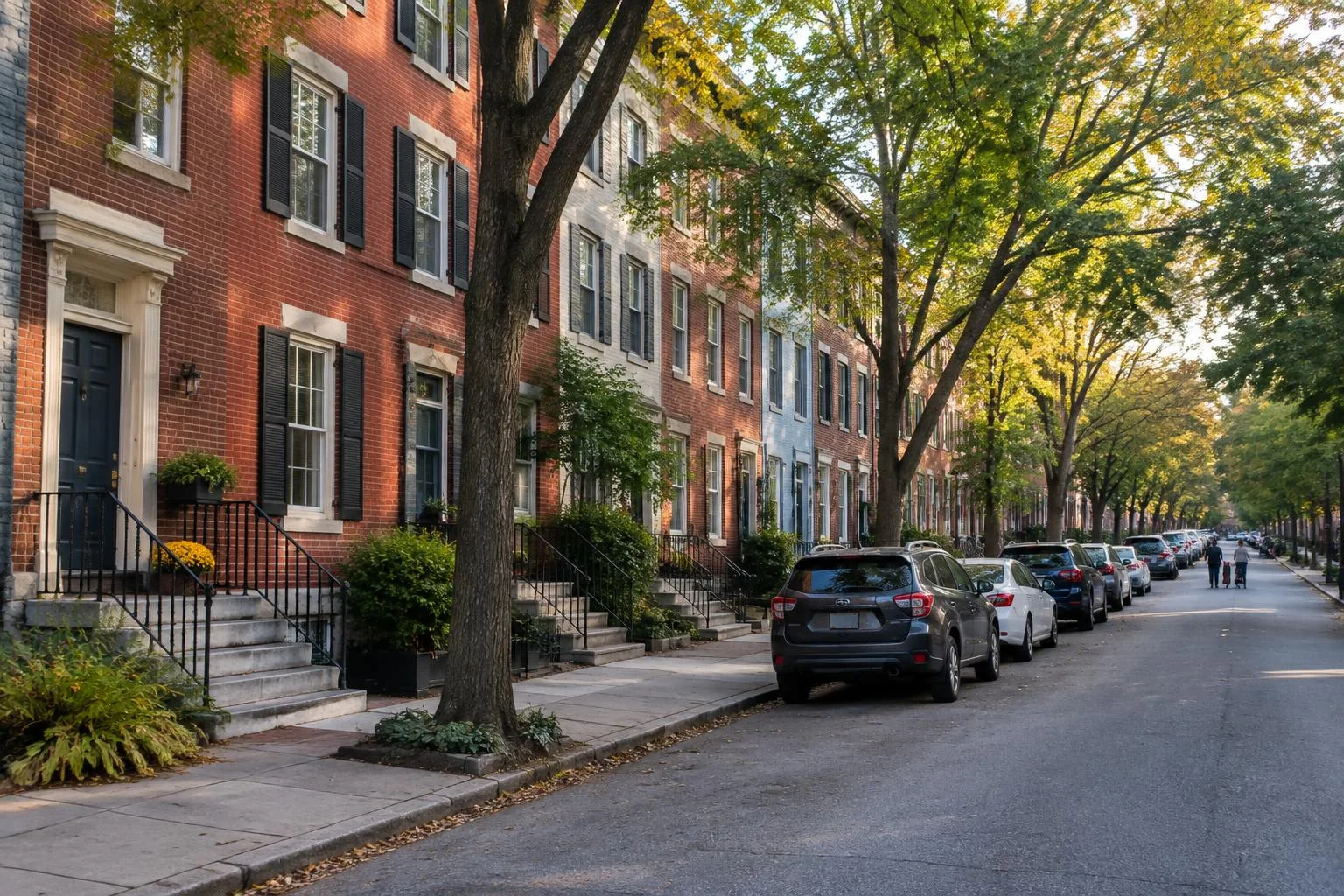 Tree-lined Philadelphia residential street with historic brick rowhomes