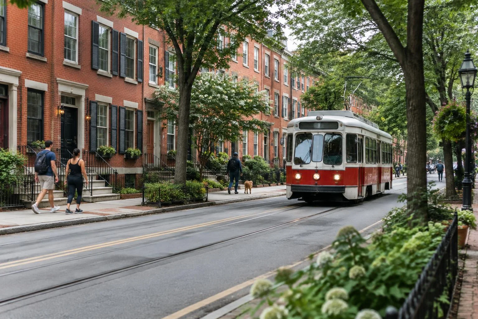Philadelphia neighborhood street with rowhomes, pedestrians and a city trolley