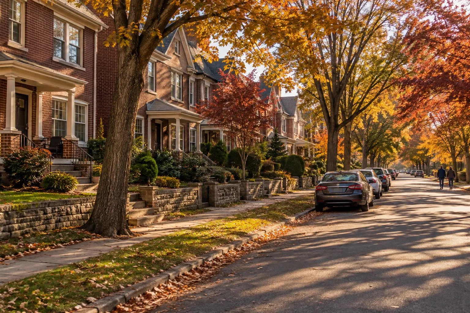 A tree-lined Havertown, Pennsylvania street of two-story red brick twin homes with stone front walls in autumn foliage