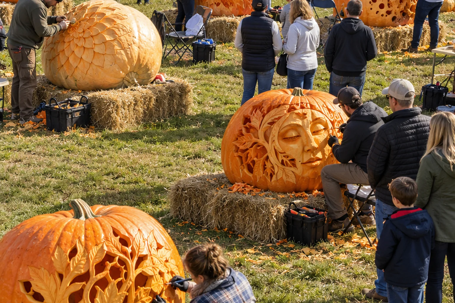 Carved giant pumpkins on hay bales at the Great Pumpkin Carve in Chadds Ford, Delaware County, Pennsylvania