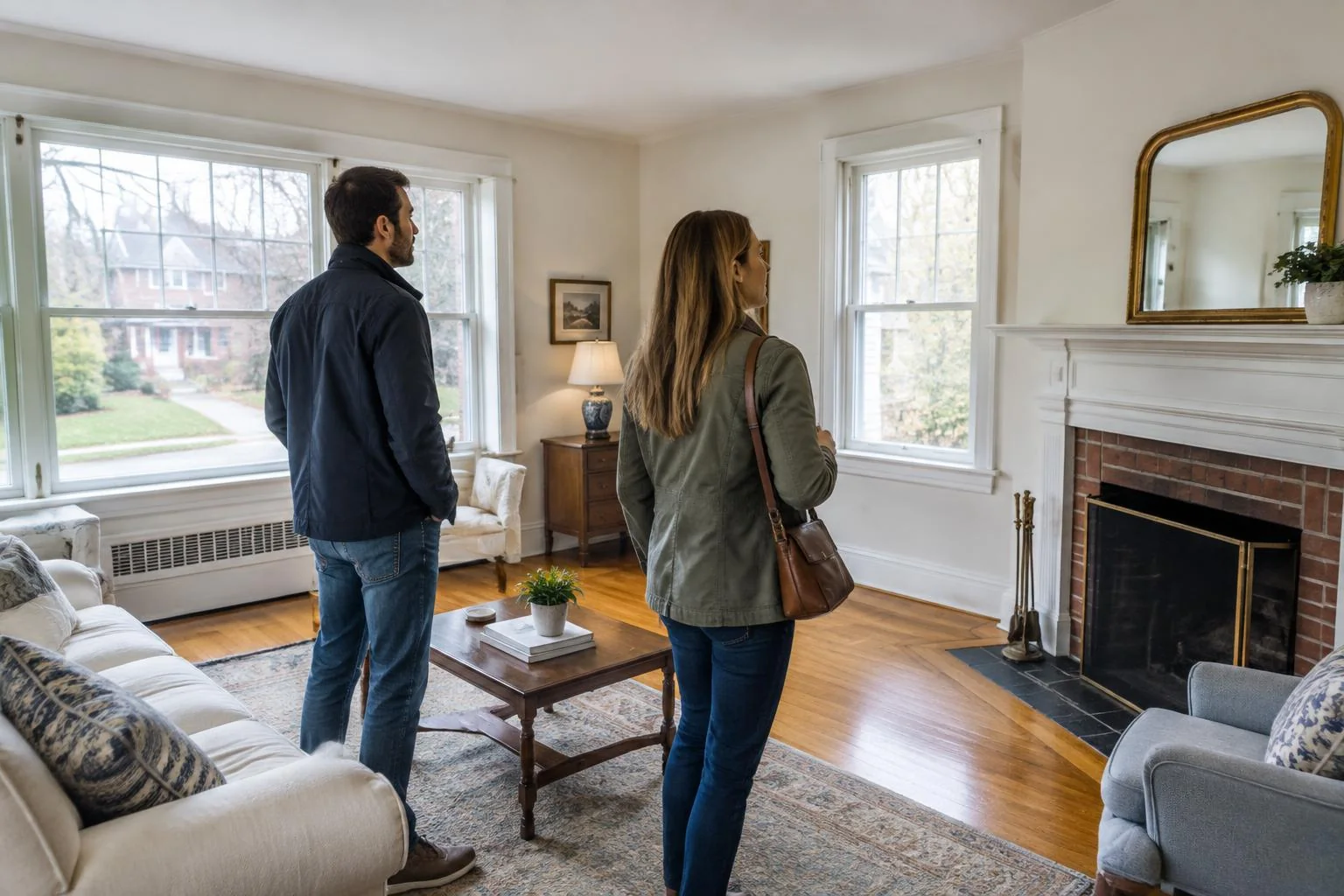 Home buyers evaluating the living room during a Delaware County house tour